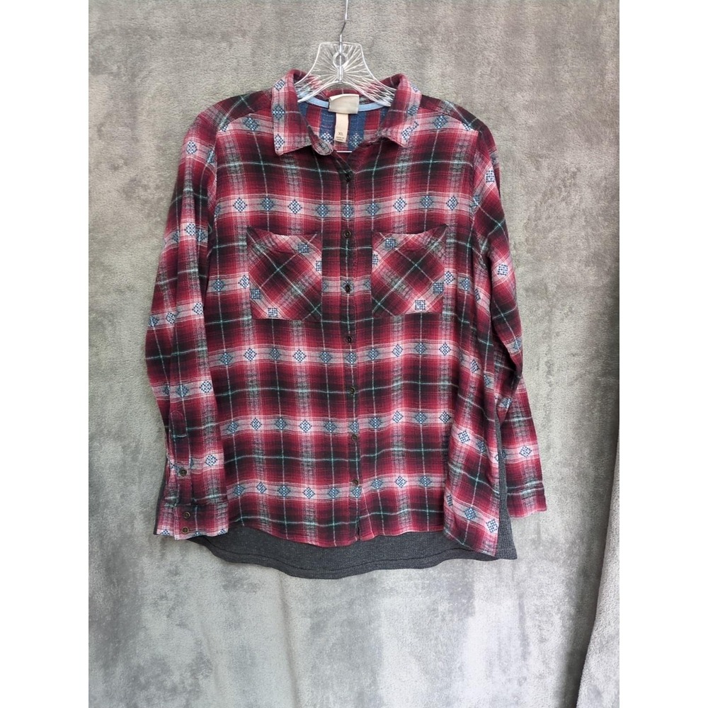 Bohemian Button Up Womens XL Flannel Front Thermal Contrast Back‎ Casual Western